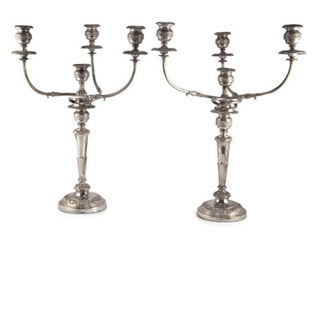 Appraisal: Pair of George III Style Sheffield Silver Plated Four-Light Candelabra