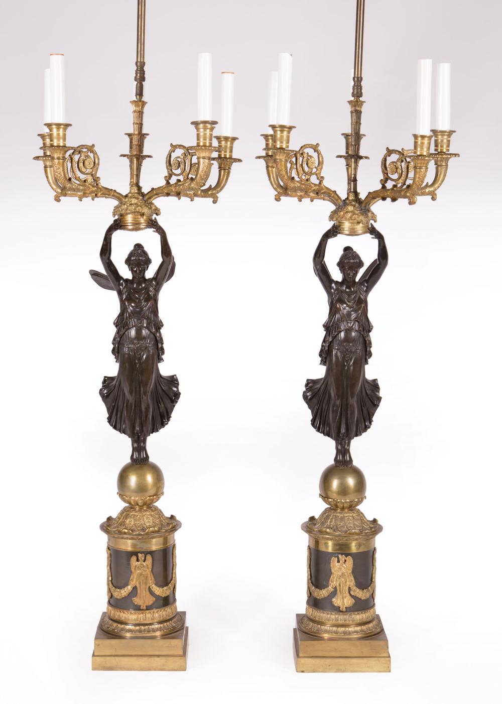 Appraisal: Pair of Napoleon III Gilt and Patinated Bronze Five-Light Candelabra