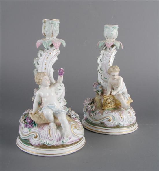 Appraisal: A Pair of Continental Porcelain Figural Candlesticks Height inches