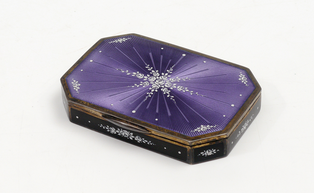 Appraisal: CONTINENTAL STERLING GUILLOCHE COMPACT Purple guilloches with applied white floral