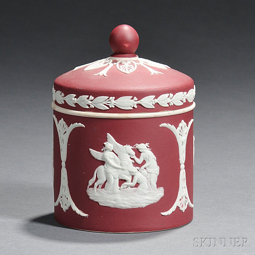 Appraisal: Wedgwood Crimson Jasper Dip Jar and Cover England c cylindrical