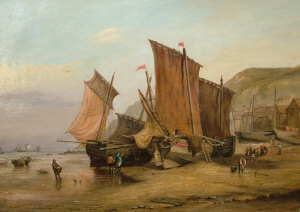 Appraisal: British School late th century- Beached fishing vessels oil on