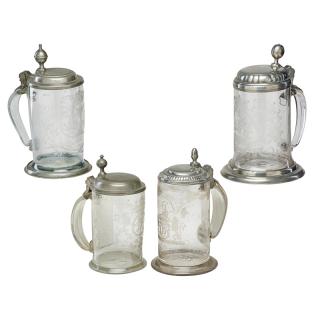 Appraisal: ENGRAVED GLASS AND PEWTER TANKARDS Four Each a clear glass