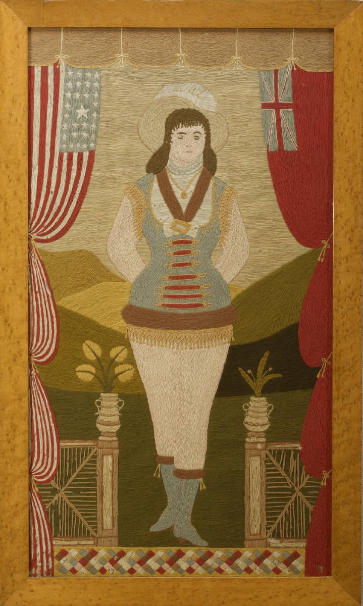 Appraisal: PATRIOTIC WOOLWORK OF A WOMAN FLANKED BY AMERICAN AND BRITISH