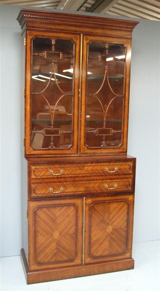 Appraisal: Modern reproduction mahogany secretaire bookcase with dentil moulded cornice over