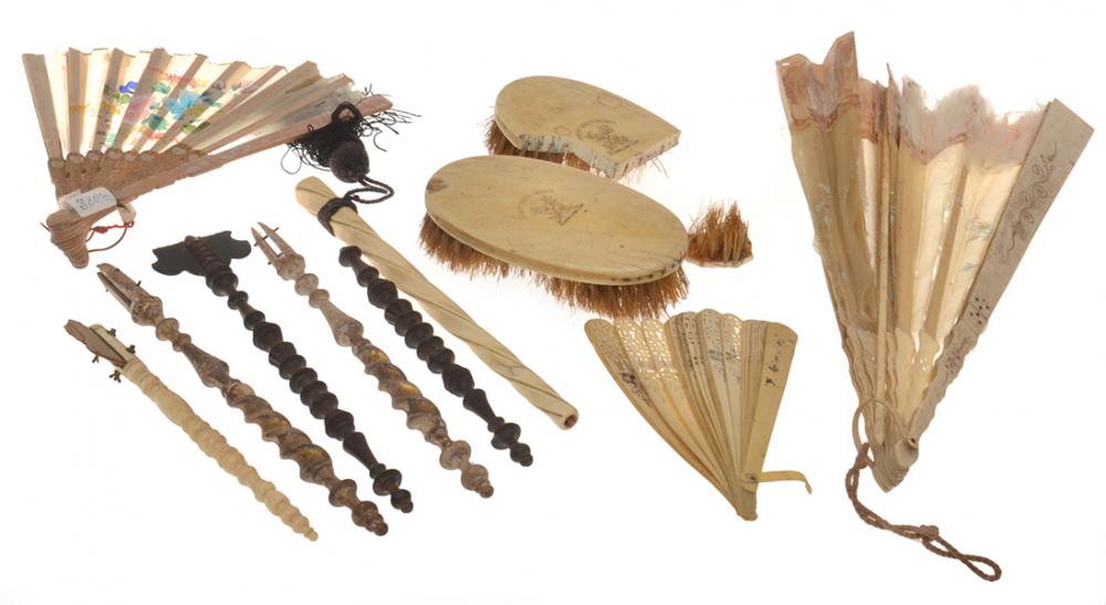 Appraisal: GROUP OF IVORY ITEMS INCLUDING FANS PARASOL HANDLES BRUSHS ALL