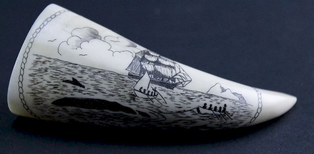 Appraisal: Vintage Scrimshaw Carved Whaling Whale Tooth Vintage carved scrimshaw whales