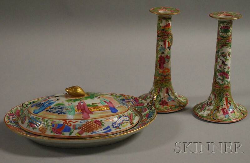 Appraisal: Rose Mandarin-decorated Porcelain Covered Platter and a Pair of Rose