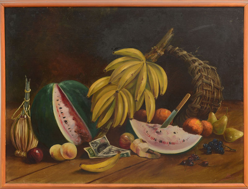 Appraisal: TH CENTURY SCHOOL STILL LIFE WITH WATERMELON AND BANANAS Oil