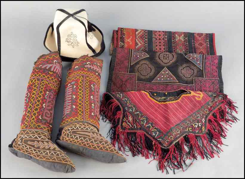 Appraisal: PAIR OF TURKISH EMBROIDERED BOOTS Together with three embroidered panels