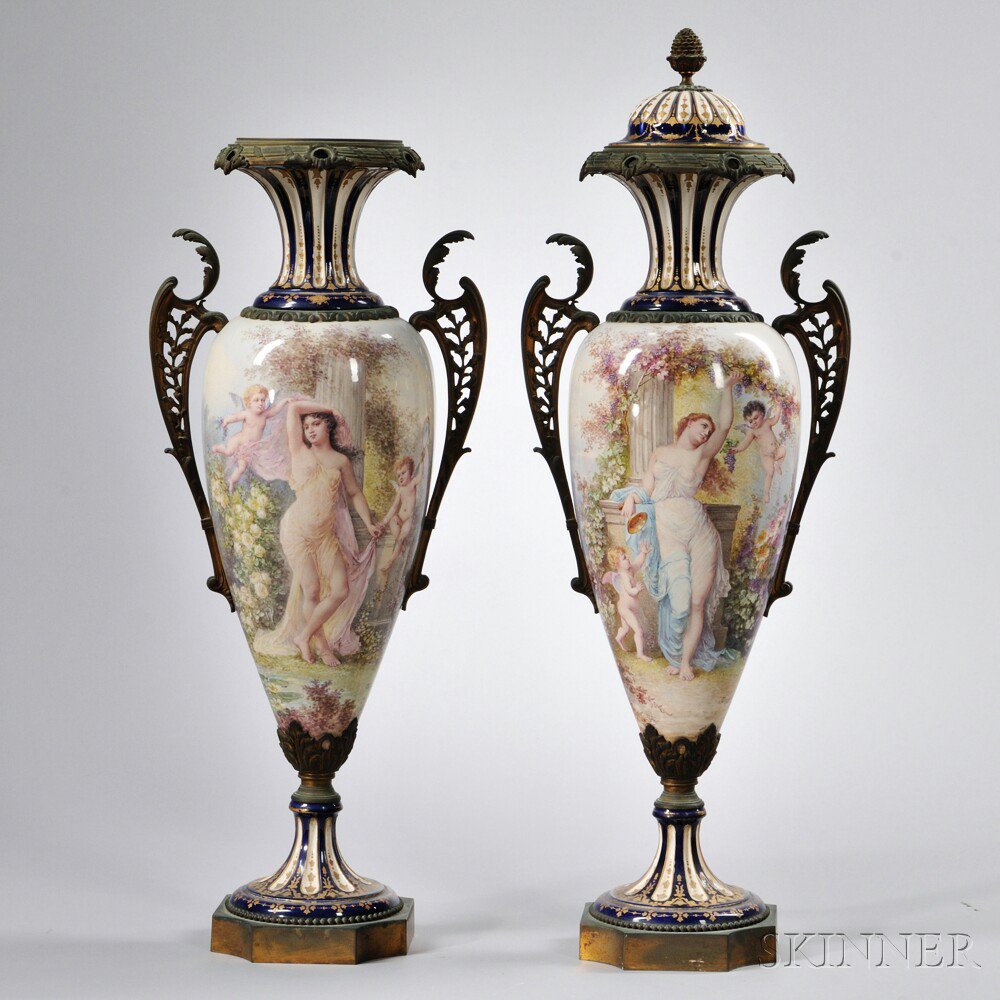 Appraisal: Pair of Bronze-mounted Sevres-style Vases and Cover France late th