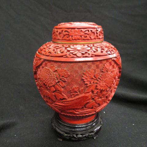 Appraisal: Chinese Carved Cinnabar Ginger Jar elaborate floral excellent