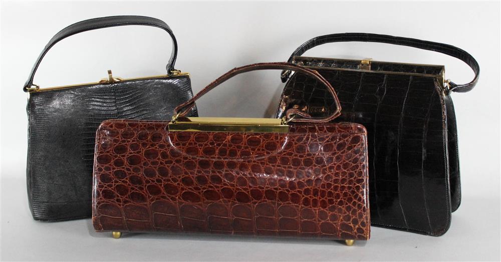 Appraisal: THREE VINTAGE HANDBAGS INCLUDING ALLIGATOR AND LIZARD including a black