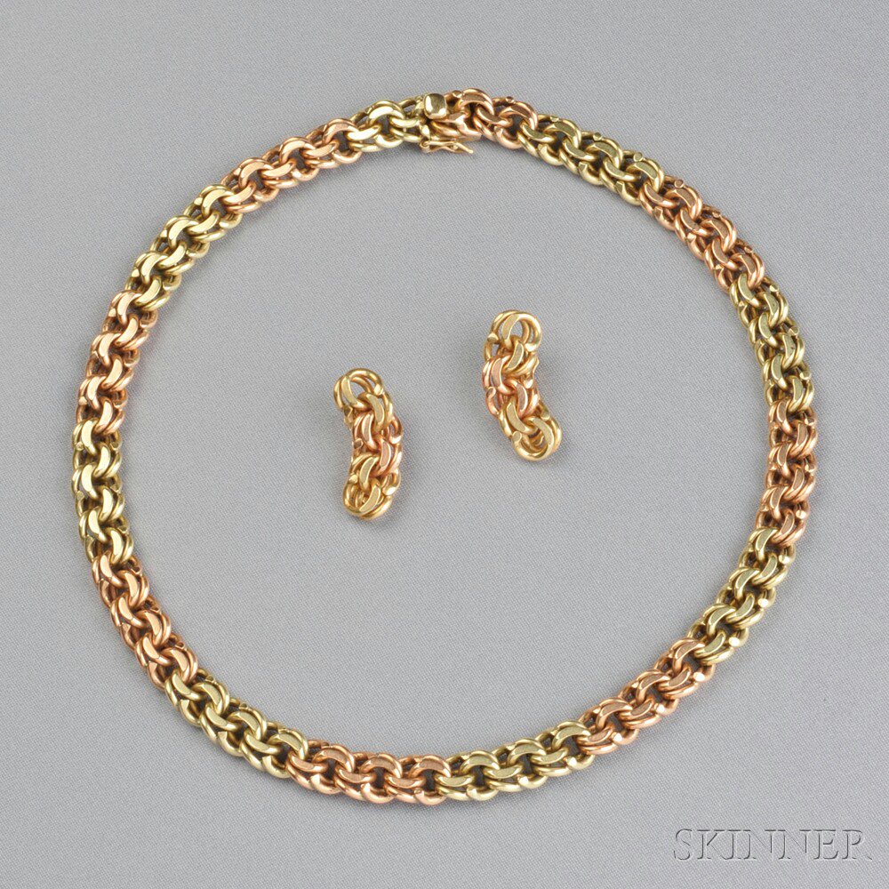 Appraisal: kt Bicolor Gold Chain and Earclips of thick curb links