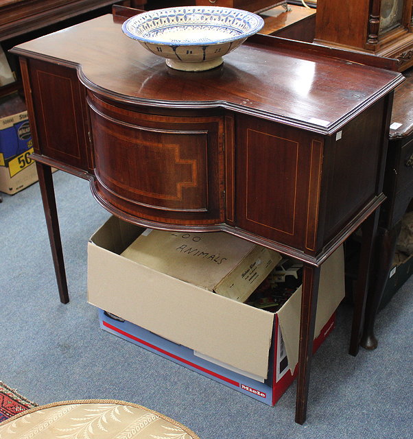 Appraisal: AN EDWARDIAN MAHOGANY AND INLAID SMALL BOWFRONT SIDE BOARD the