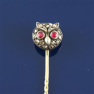 Appraisal: An owl stick pin Set with diamonds and with ruby