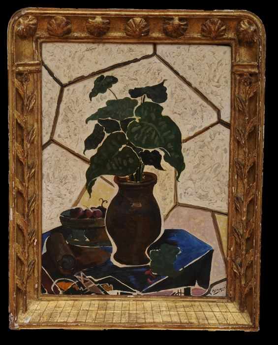 Appraisal: EUROPEAN SCHOOL STILL LIFE WITH VASE LEAVES AND GRAPES Oil