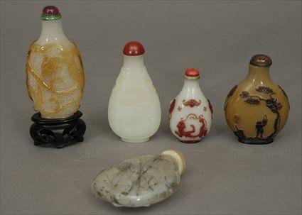 Appraisal: Five Chinese Mineral and Overlay Glass Snuff Bottles in to