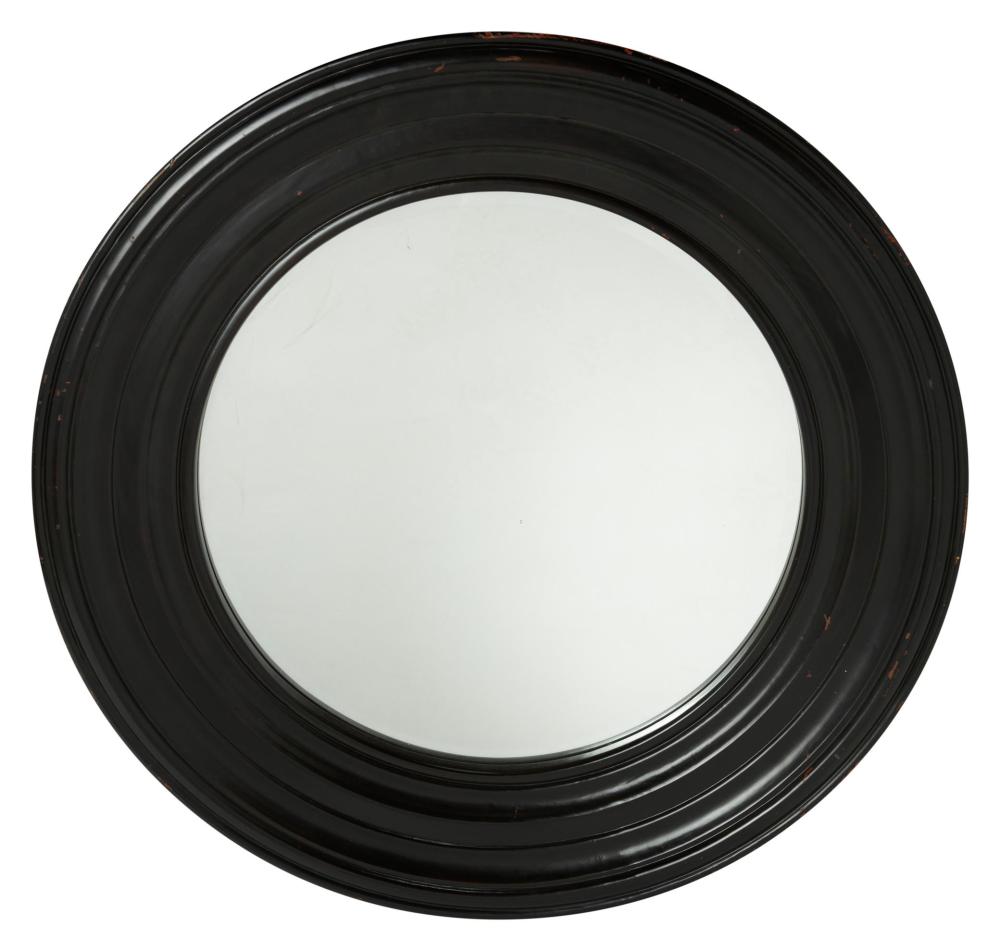 Appraisal: A black wall mirror st Century The circular mirror enclosed