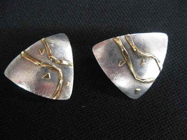 Appraisal: k Gold Sterling Earrings artist signed raised gold design on