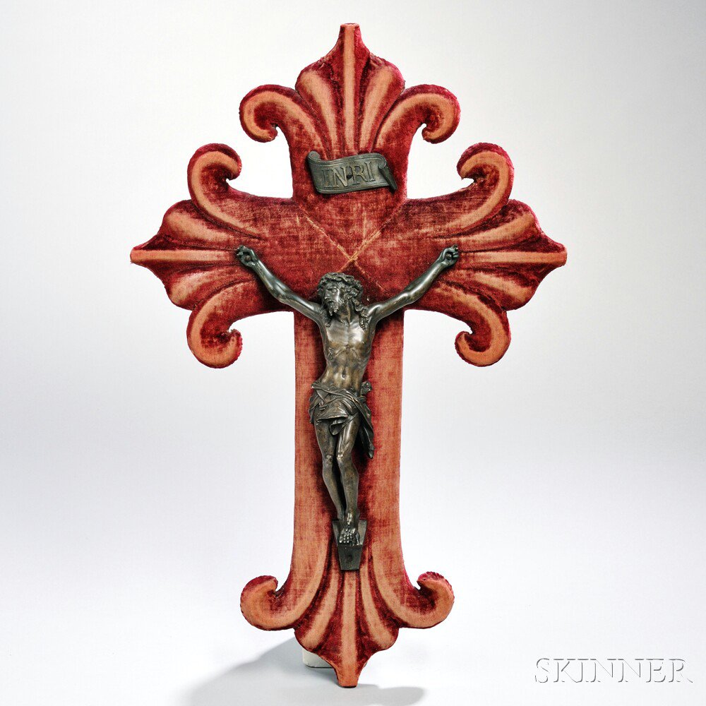 Appraisal: Bronze Metal Crucifixion Figure Continental th century with red velvet