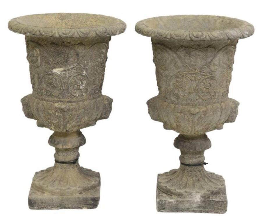 Appraisal: pair Cast stone campana-form garden urns late th c having