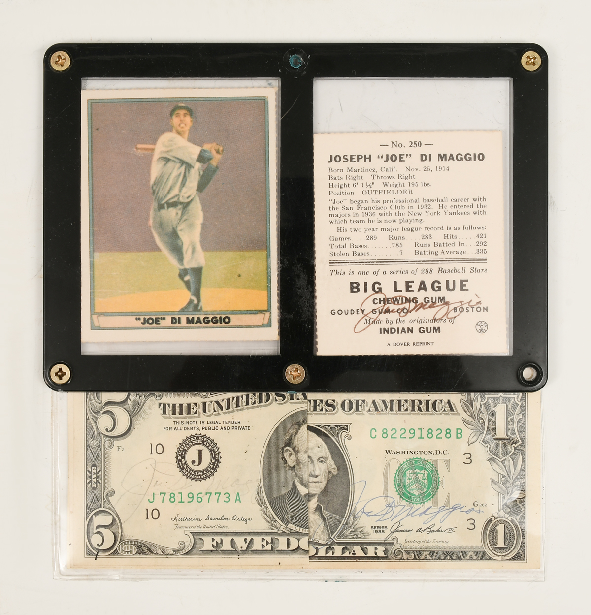 Appraisal: FOUR JOE DIMAGGIO AUTOGRAPHS Two cards encased in custom protective