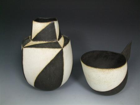 Appraisal: JOHN WARD BORN OVOID VASE S coiled stoneware square shoulders