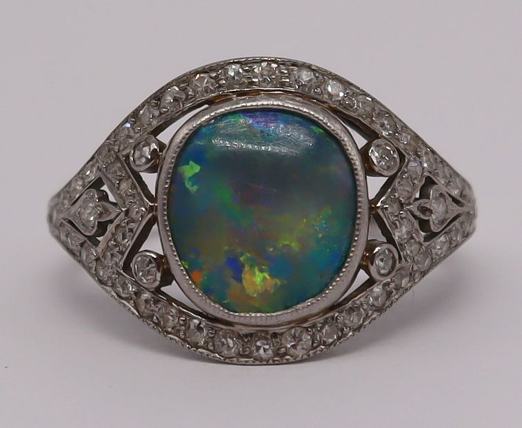 Appraisal: JEWELRY Signed Platinum Opal and Diamond Ring Signed antique Art