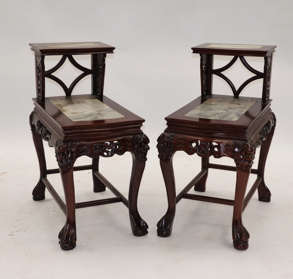 Appraisal: PR CHINESE HARDWOOD MARBLE INSET SIDE TABLE China th CenturyTwo