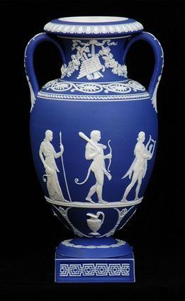 Appraisal: WEDGWOOD BLUE JASPERWARE LARGE TWO-HANDLED VASE Impressed Wedgwood and numbered