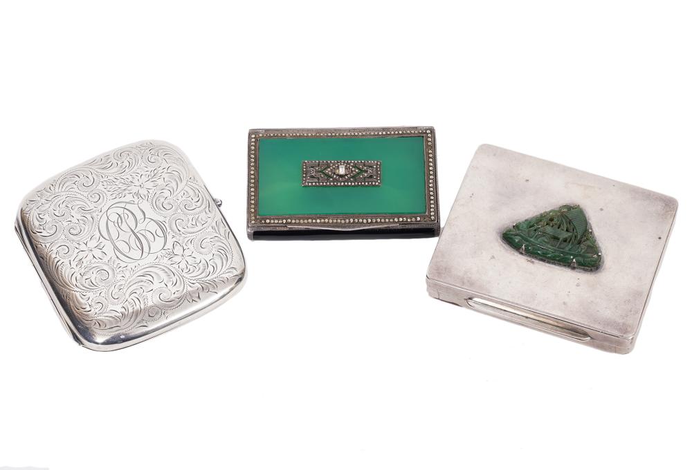 Appraisal: STERLING JADE JEWELED CIGARETTE CASESSterling cigarette case with carved jade