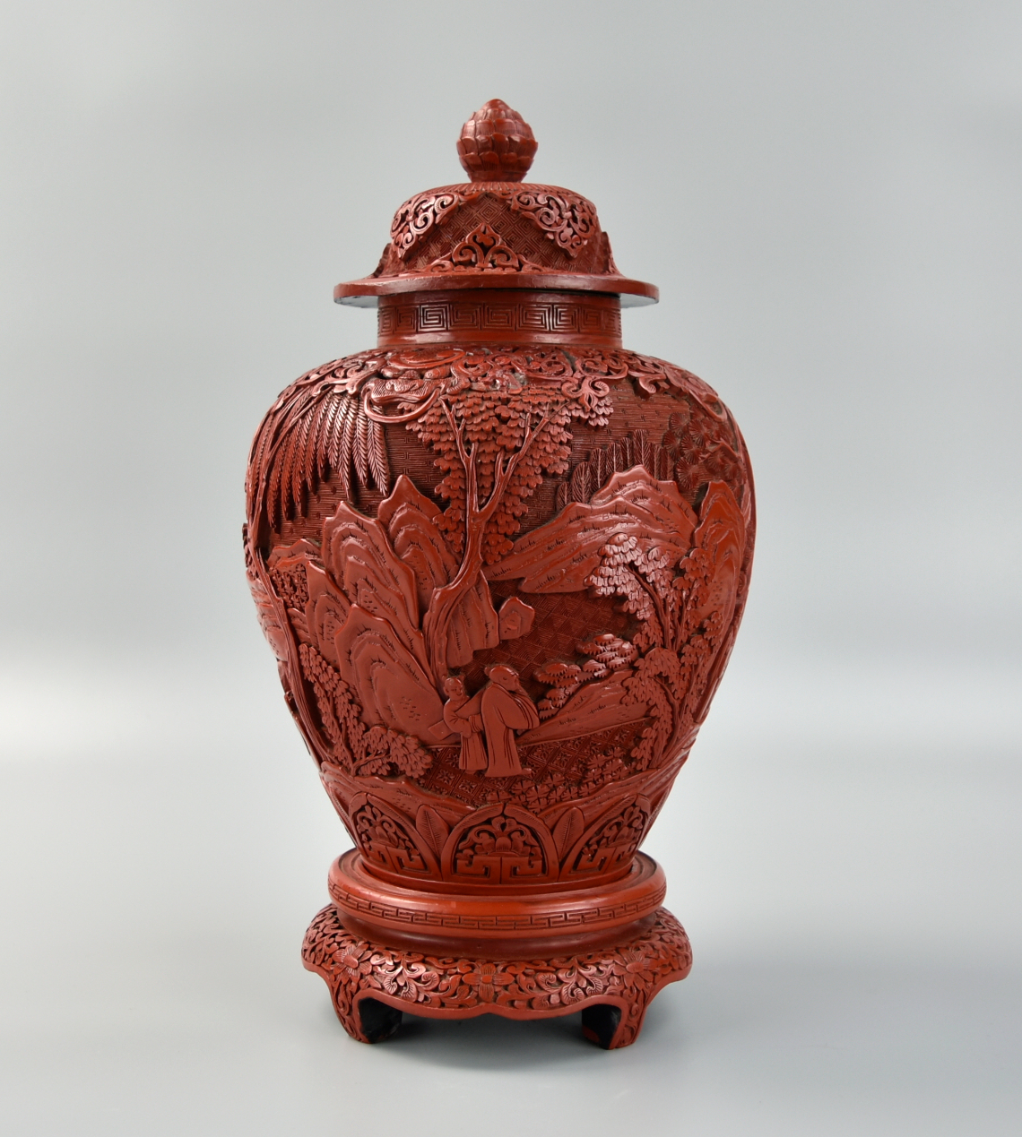 Appraisal: CHINESE LACQUER WOOD JAR W COVER STAND This jar is