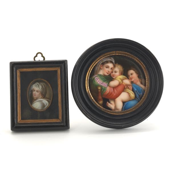 Appraisal: TWO MINIATURE ENAMELED PORCELAIN PLAQUES AFTER RAPHAEL SANZIO Framed in