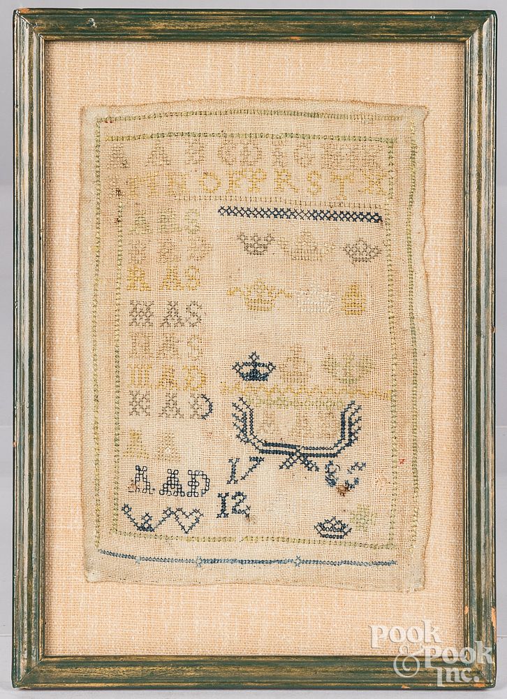 Appraisal: Miniature English silk on linen needlework sampler Miniature English silk