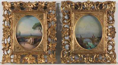 Appraisal: A Pair of Continental Gouache Paintings Oval gouache paintings of