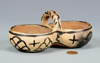 Appraisal: Cochiti Double Lobed Bowl Cochiti polychrome pottery double lobed bowl