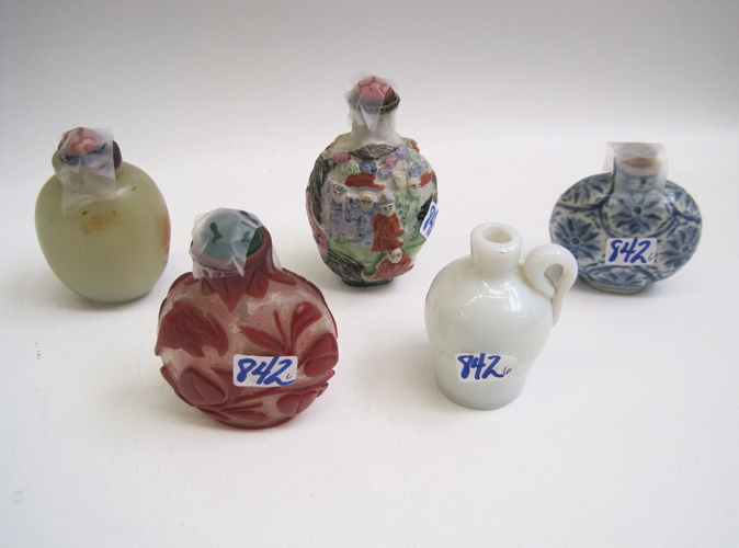 Appraisal: FIVE CHINESE SNUFF MEDICINE BOTTLES two pottery and H one