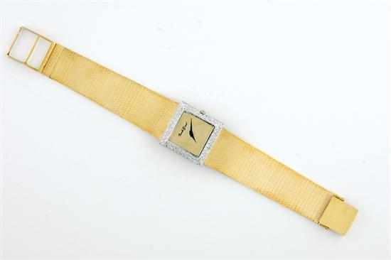 Appraisal: Diamond-set gold man's wristwatch by Bueche Girod square dial flanked