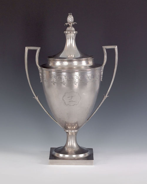 Appraisal: Monumental English silver two handled covered urn - bearing the