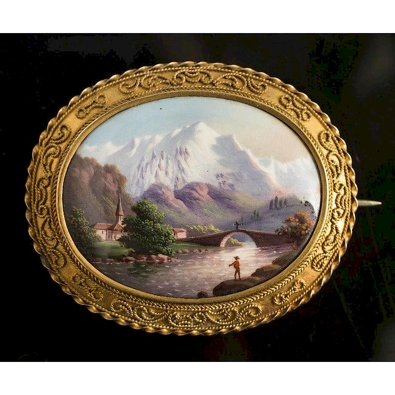 Appraisal: k Cased Victorian Pin Hand painted miniature in k gold