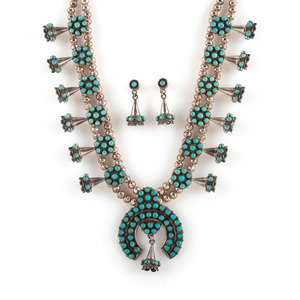 Appraisal: Zuni Petite Silver and Petit Point Turquoise Squash Blossom Necklace