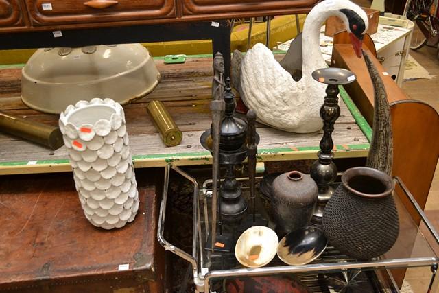 Appraisal: COLLECTION OF DECORATIVE ITEMS INCL CANDLESTICK TRAY TOTEM FIGURES HORN