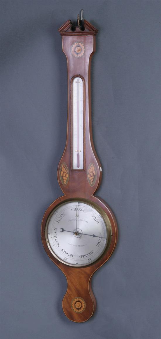 Appraisal: ENGLISH MAHOGANY WHEEL BAROMETER early th century signed Broken-arch pediment