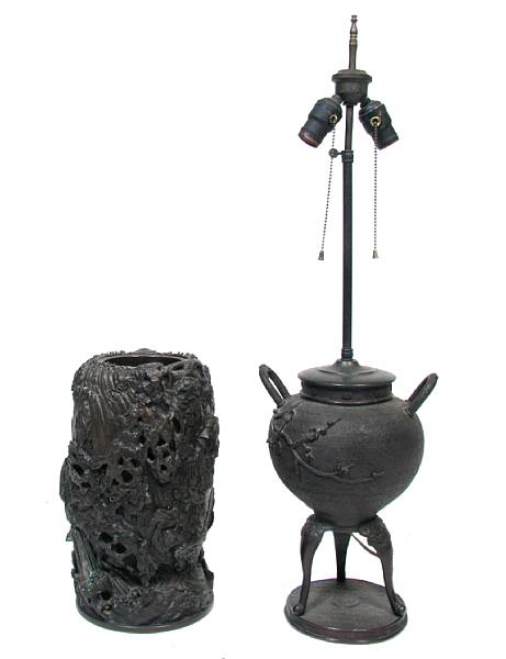 Appraisal: A bronze figural vase together with a bronze lamp height