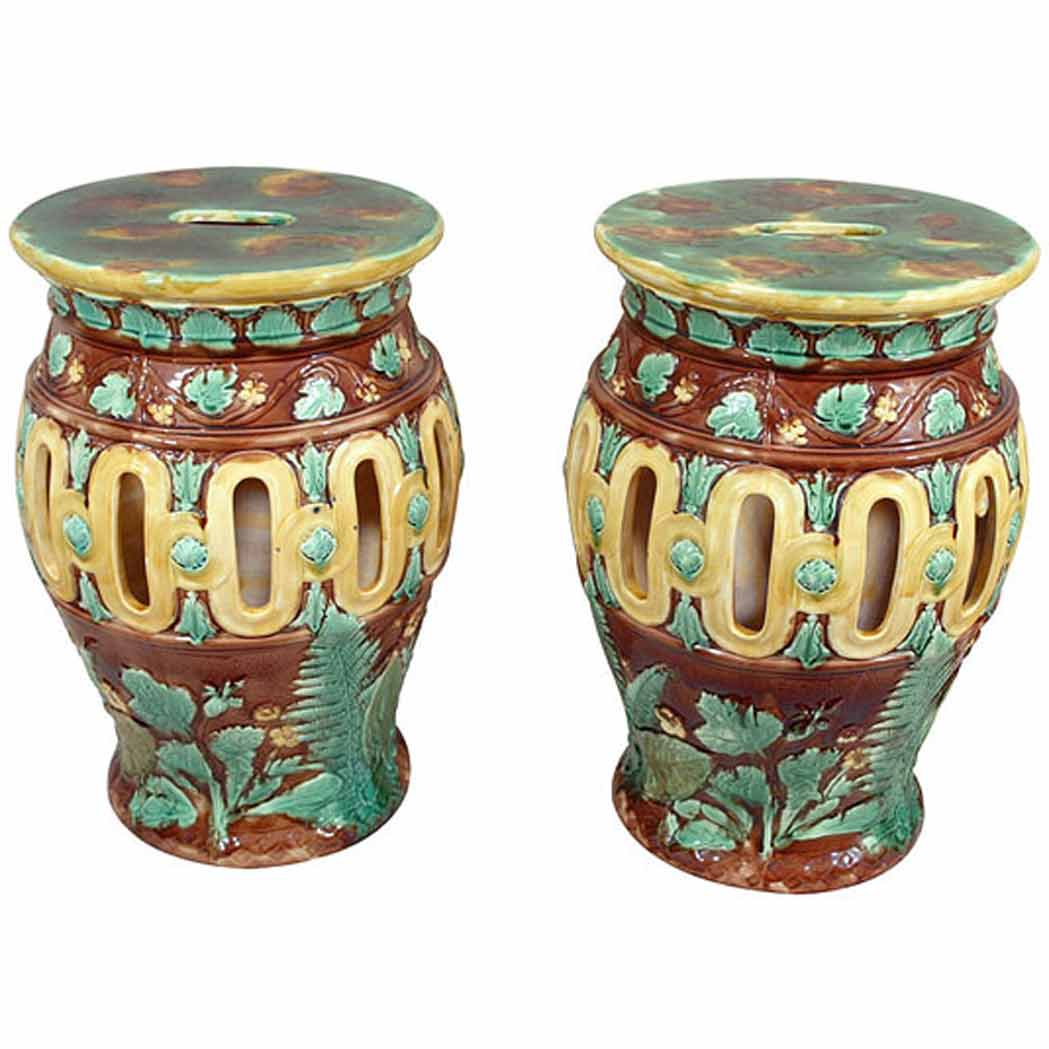 Appraisal: Pair of English Majolica Garden Seats th Century Each of