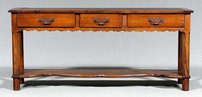 Appraisal: Welsh style fruitwood sideboard three dovetailed drawers pierced iron pulls