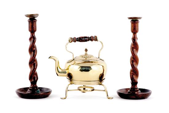 Appraisal: English teapot and candlesticks brass Georgian style teapot on stand