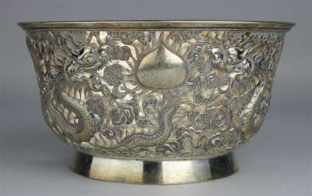 Appraisal: CHINESE EXPORT SILVER PIERCED BOWL LATE TH CENTURY marked LC