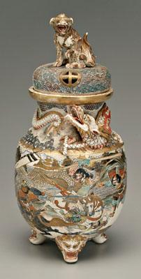 Appraisal: Japanese Satsuma tripod censer Buddhist lion finial waterside battle scene